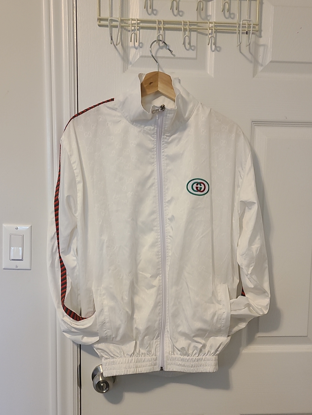 Gucci White Track Jacket with Red-Trim Shoulder Stripes
